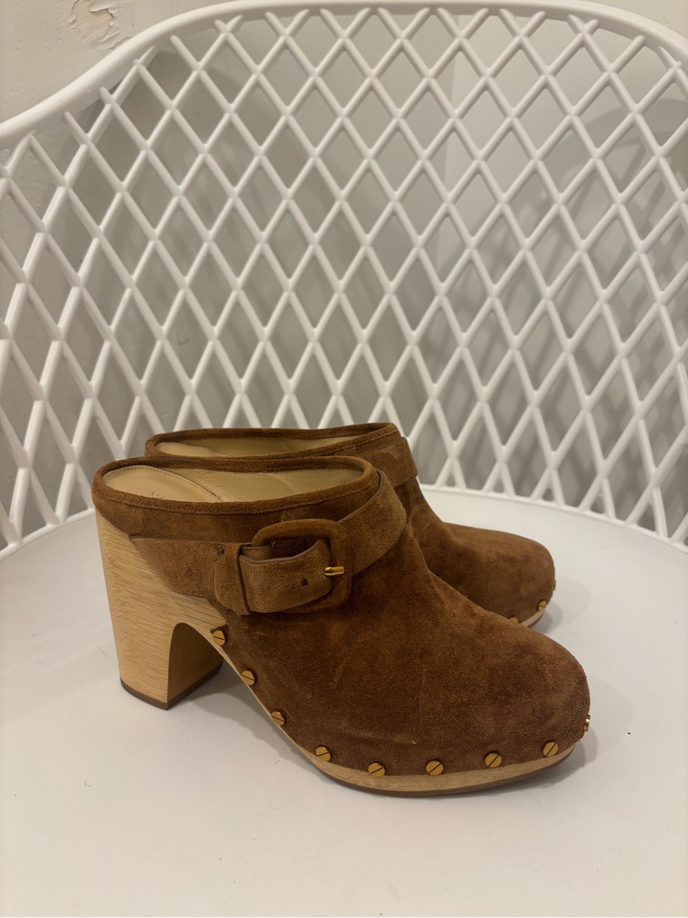 Veronica Beard Brown Suede Buckle Clog Mules